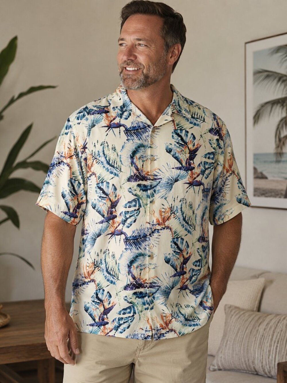 Tommy Bahama Mens 100% Silk Tropical Print Button Front Short Sleeve Shirt XL